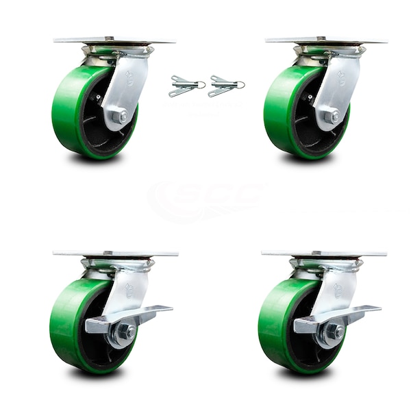 5 Inch Green Poly on Cast Iron Swivel Caster Swivel Locks 2 Brakes SCC, 2PK